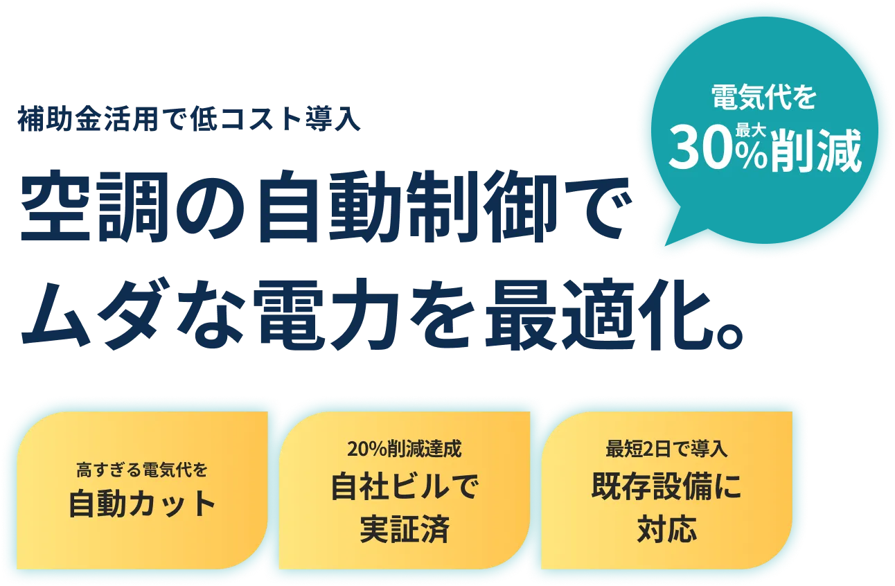 補助金活用で低コスト導入 空調の自動制御でムダな電力を最適化。電気代を最大30%削減 高すぎる電気代を自動カット 20%削減達成自社ビルで実証済 最短2日で導入既存設備に対応